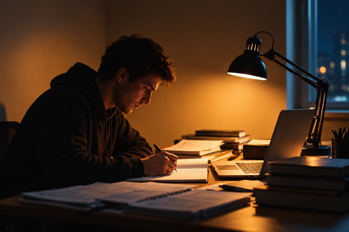 A focused learner practising with notes and a laptop under a warm desk lamp